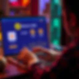 A person examining different low-fee platforms on a laptop to buy Bitcoin, with dollar signs and Bitcoin symbols visible on the screen.