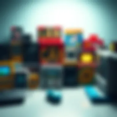 A collection of various low-quality media items including outdated video games, poorly designed software boxes, and low-effort art pieces.