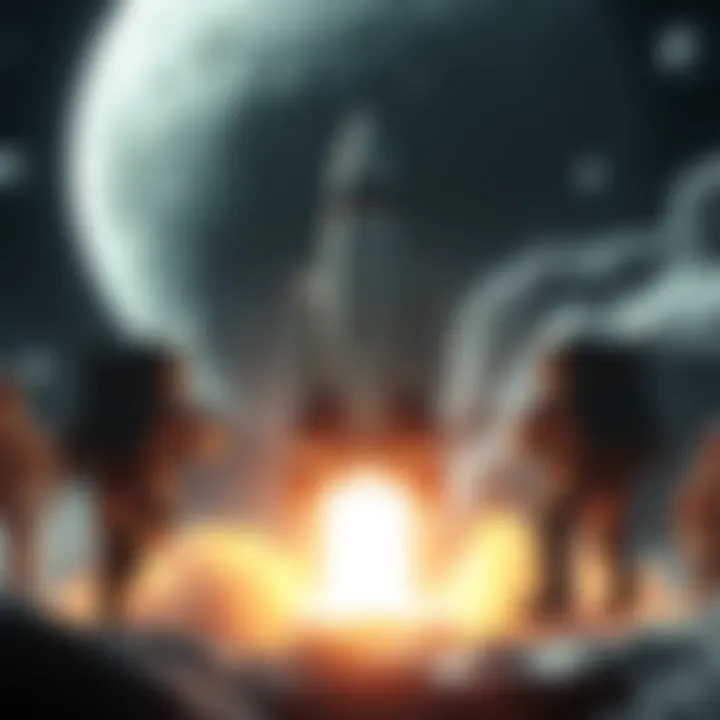 Spacecraft launching towards the Moon with astronauts preparing for the adventure