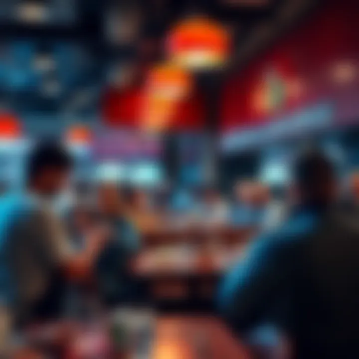 A crowded restaurant during lunch with people checking their watches and restaurant staff managing time estimates.