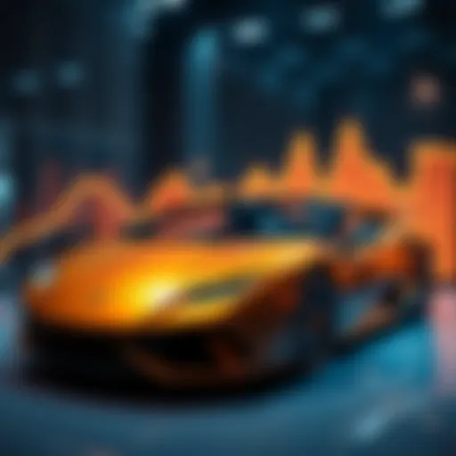 A luxurious Lamborghini on display with a downward trend graph in the background, symbolizing market fluctuations.