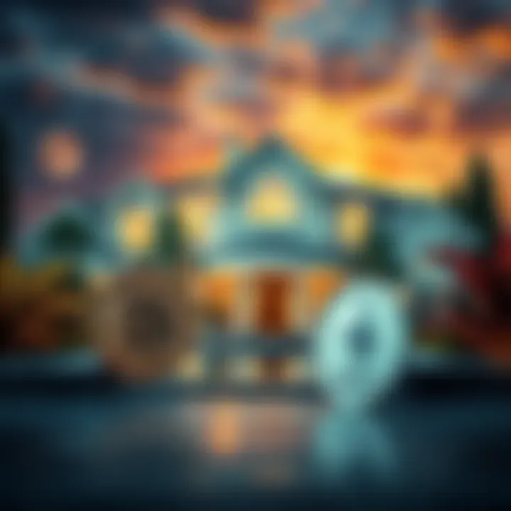 A luxury home for sale with cryptocurrency symbols like Bitcoin and Ethereum in the foreground.