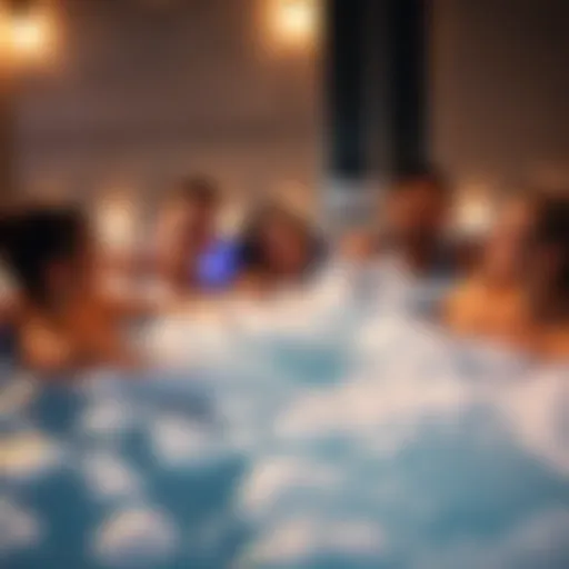 A group of friends enjoying a relaxing time in a luxurious jacuzzi, surrounded by bubbles and warm water, showcasing smiles and laughter