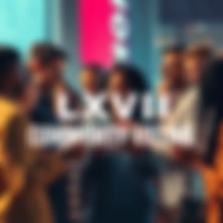 A group of diverse people engaged in community voting for LXVII's on-chain governance, discussing and casting their votes with excitement.