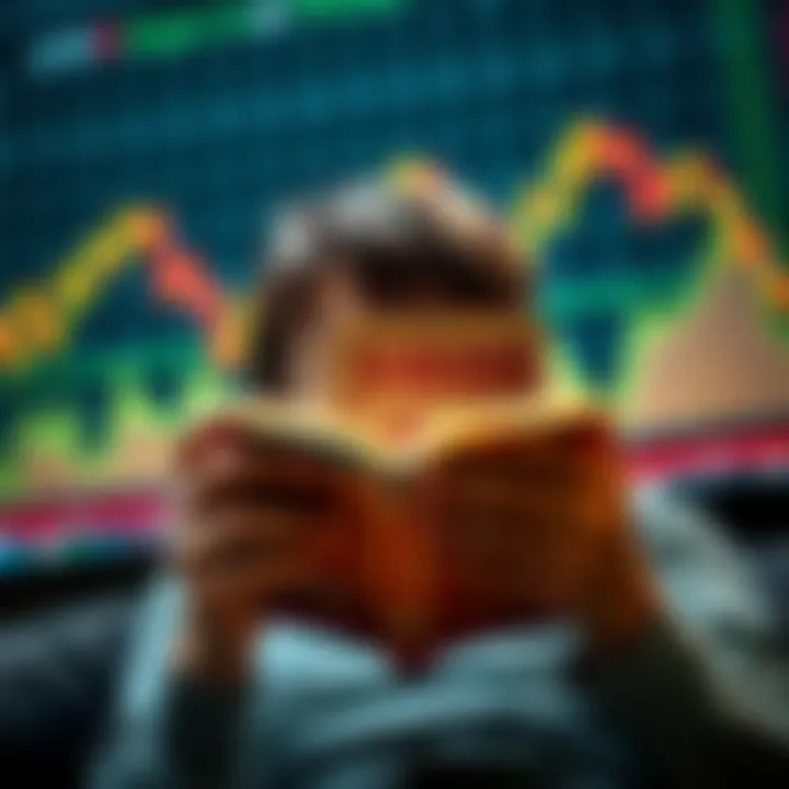 A person reading the book Broken Money by Lyn Alden, with market charts showing a downturn in the background