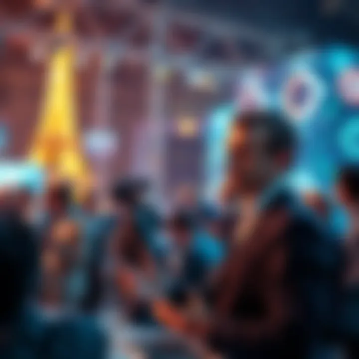 French President Macron speaking at Paris Blockchain Week, surrounded by blockchain enthusiasts and technology displays