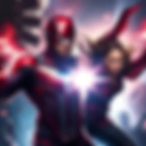 Magneto and Scarlet Witch team up, displaying their powers in a vibrant battle scene.
