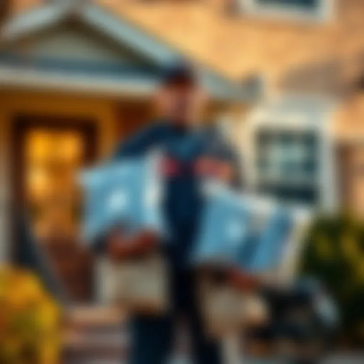 A mailman stands outside a house, holding several clear packages, sparking curiosity among residents.