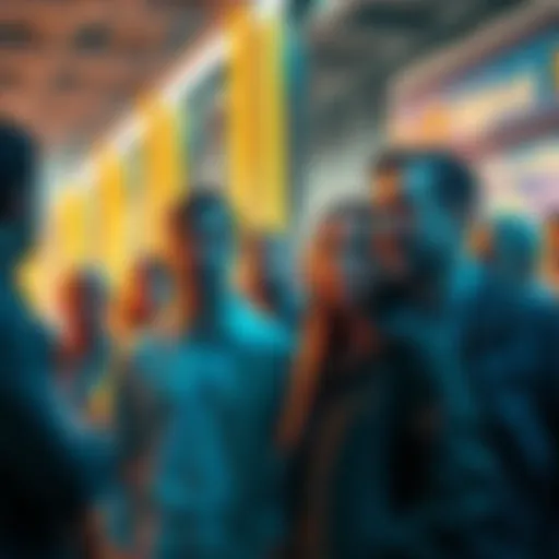 Group of mAlgo holders looking worried about their investments after Messina's shutdown, discussing options together.