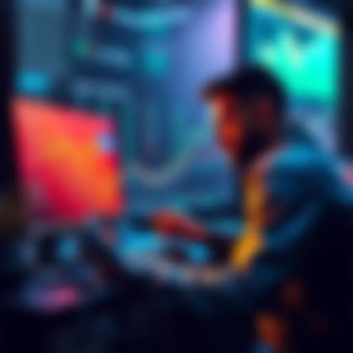 A person sitting at a computer, looking at a cryptocurrency trading platform to buy Himalaya exchange tokens.