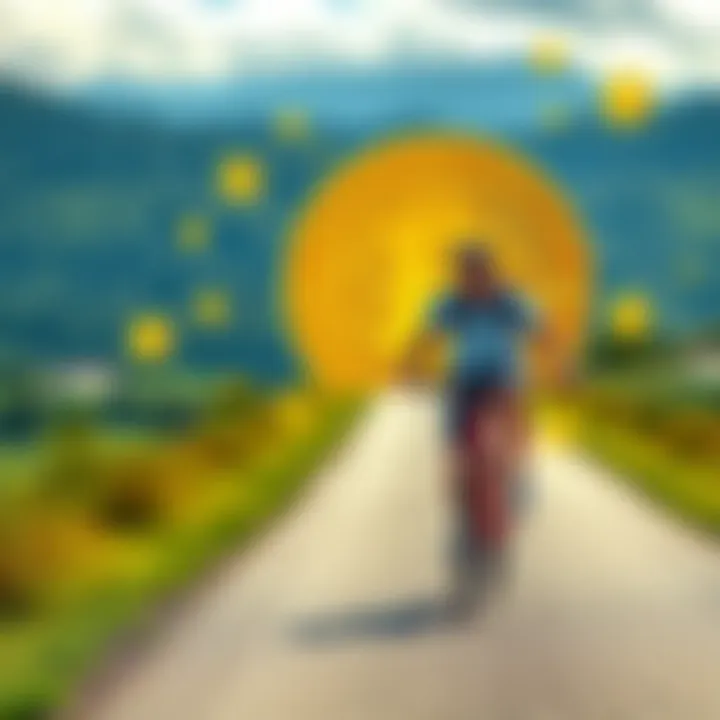 A man joyfully cycling along a beautiful path, representing freedom and passion for riding, with Bitcoin symbols in the background