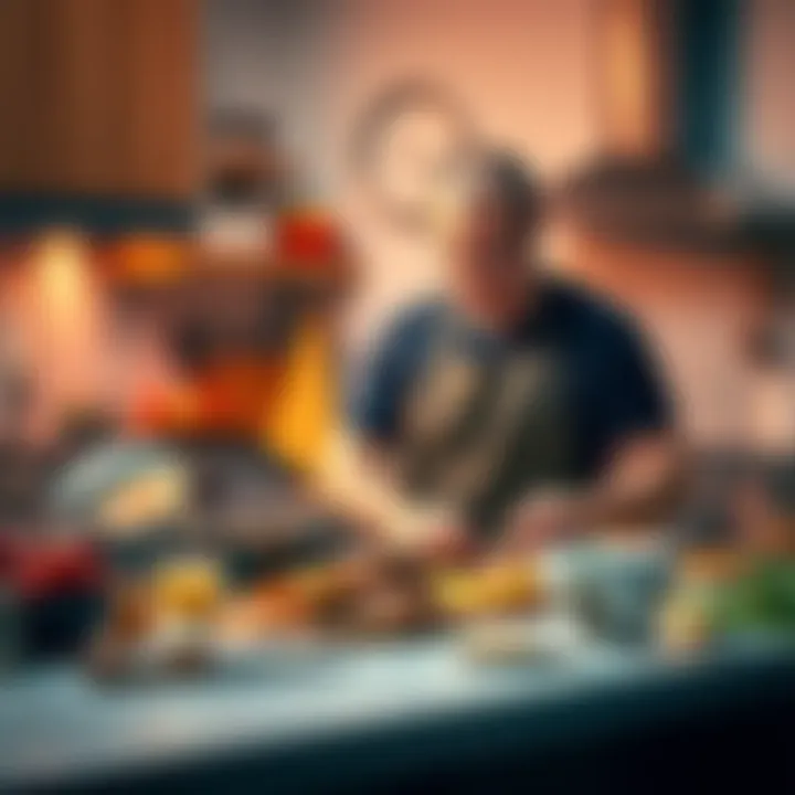 Man making breakfast spread A man in a kitchen preparing a delicious breakfast spread with various ingredients on the counter