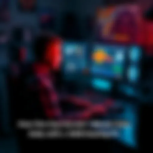 A man sits at a desk with a gaming PC, mining Bitcoin. The screen shows mining software and Bitcoin graphics. The environment is dimly lit with gaming posters around.