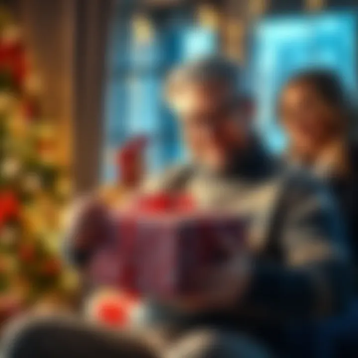 A man joyfully unwrapping an early Christmas present while his wife watches with a smile.