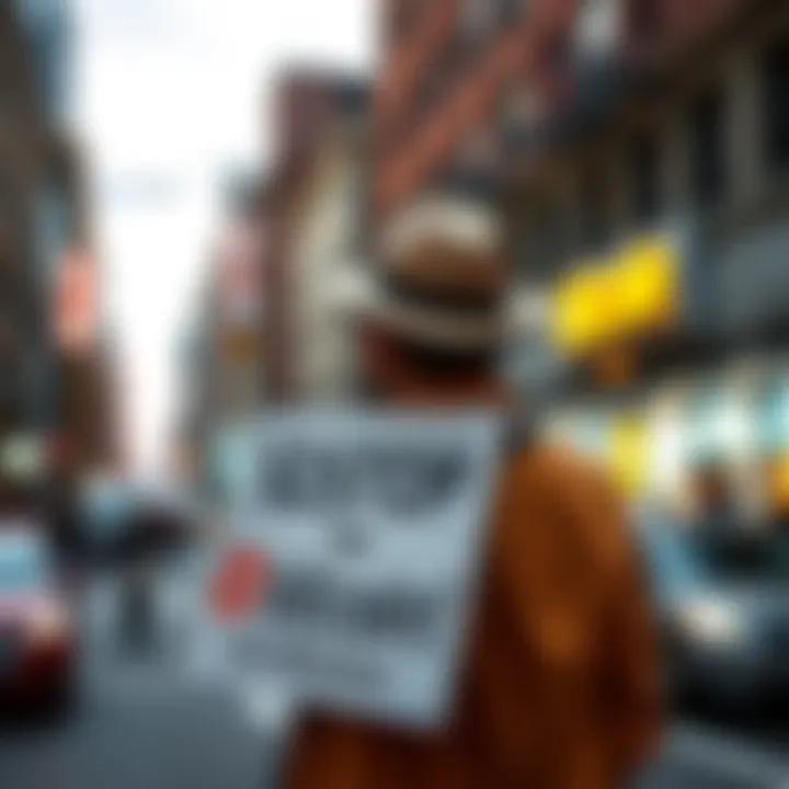 A person wearing a hat stands on a busy street holding a sign that says 'Stop the FED! Use Bitcoins.'