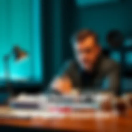 A man with a concerned expression sitting at a desk, surrounded by paperwork and a coffee cup, representing stress and health issues related to bipolar disorder.
