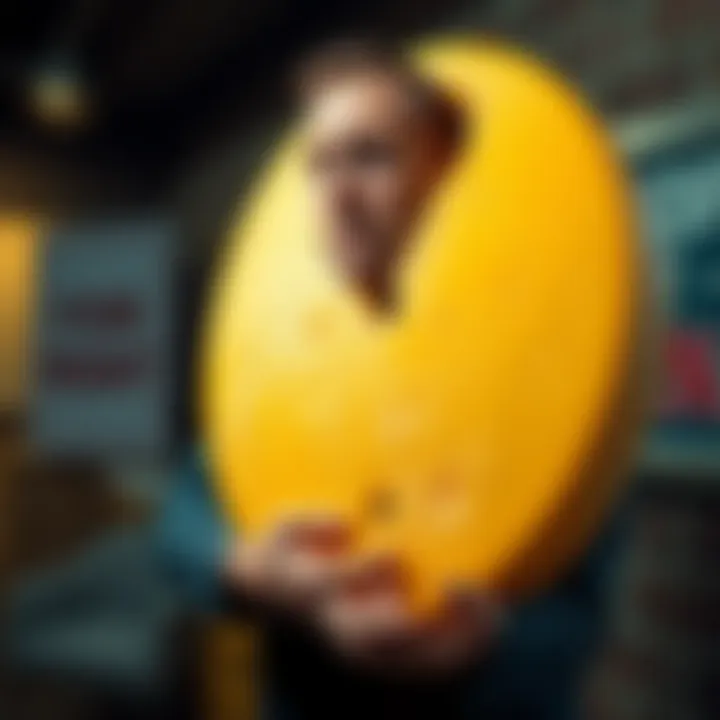 A man holding a large wheel of cheddar cheese, looking distressed with a 'For Rent' sign in the background, symbolizing loss and eviction.