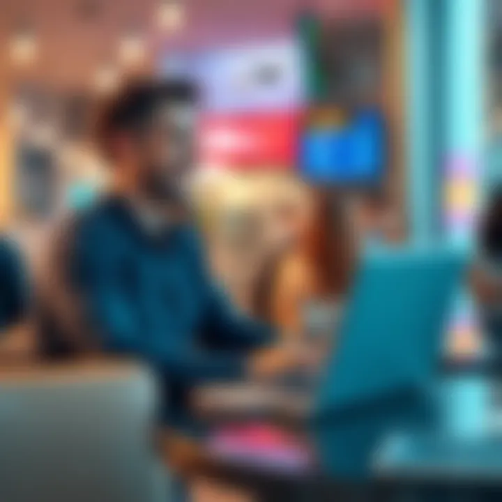 A person using a laptop at a cafe to book a flight, looking happy with travel options displayed on the screen