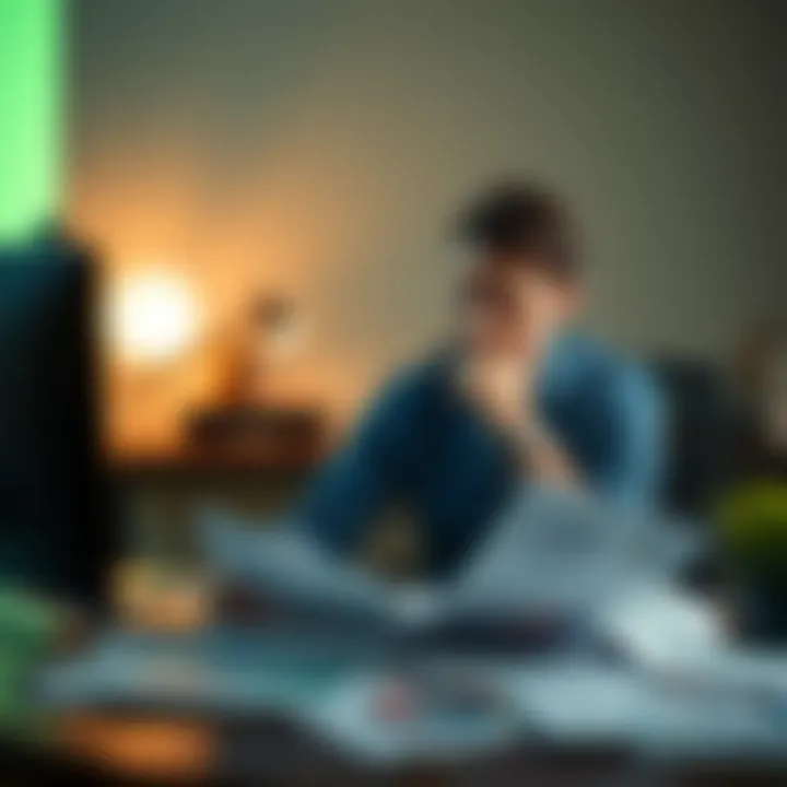 A man sitting at a desk, looking thoughtfully at financial papers and charts, symbolizing decision-making in finance.