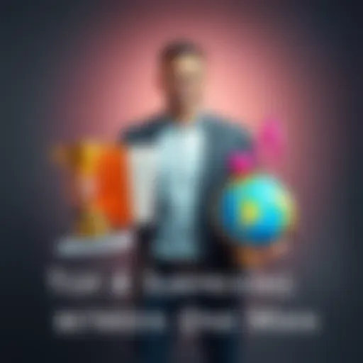 A man stands confidently, showcasing four symbols representing his diverse achievements: a trophy, a book, a musical note, and a globe.