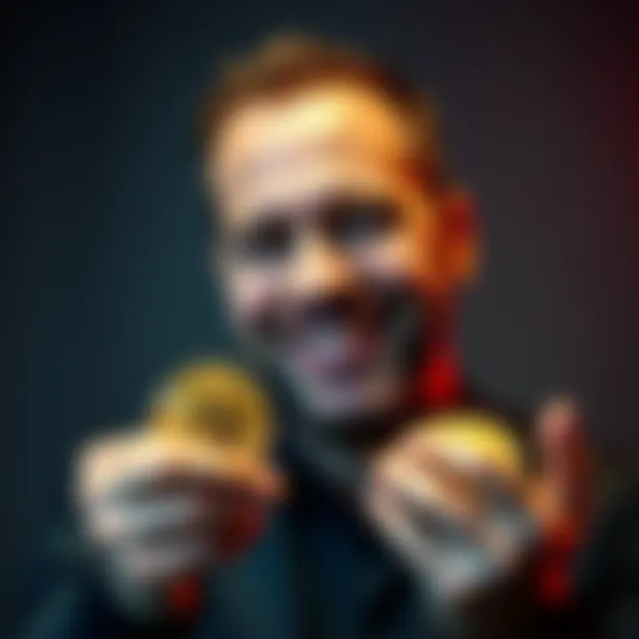 Man holding Bitcoin coins A person smiles while holding Bitcoin coins, representing personal investment and self-custody.