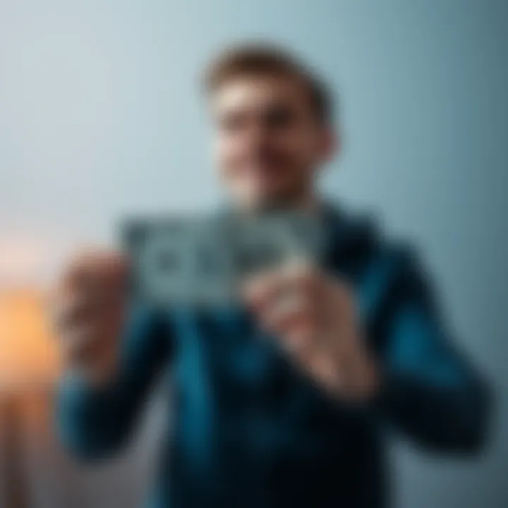 A man looks hopeful while holding 350 CAD in his hands, contemplating early retirement ideas.