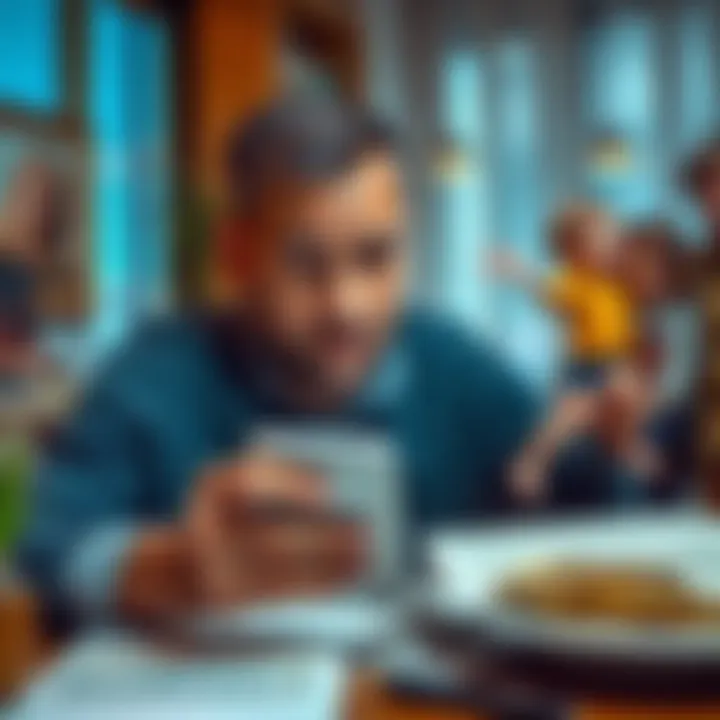 A man looking worried while checking Bitcoin prices on a phone, surrounded by paperwork and family photos, symbolizing risk to family wealth.