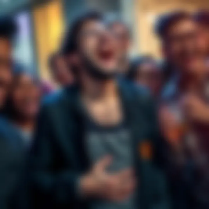 A guy laughing loudly while holding his stomach, surrounded by friends who are also giggling, capturing a funny moment.