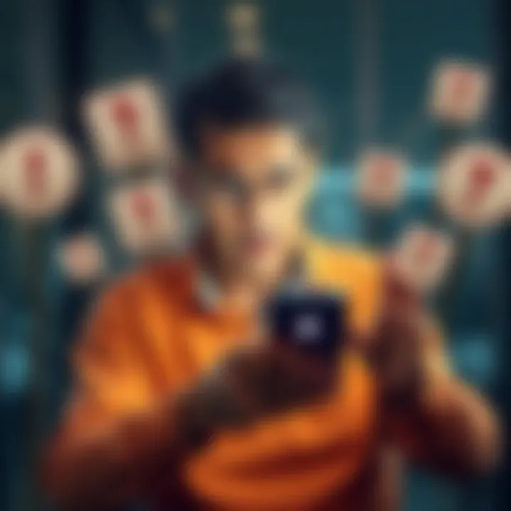 A 42-year-old man looking confused while using his phone, trying to log into an account, surrounded by frustration signs.