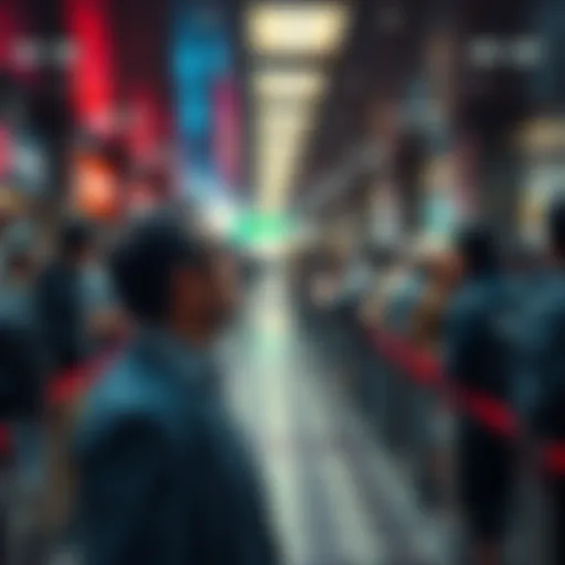 A frustrated man staring at a long queue in a bank, contemplating his options to exit the deposit queue and access his funds.