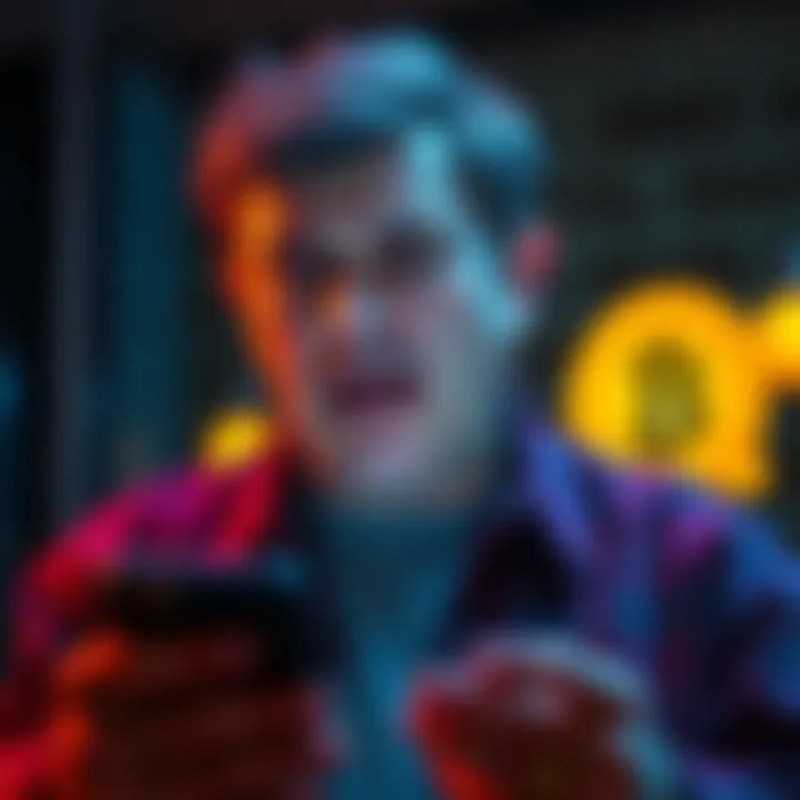Man looking worried after losing money in crypto A concerned 49-year-old man with a pained expression staring at his phone, showing signs of frustration and loss after a sudden drop in cryptocurrency value.