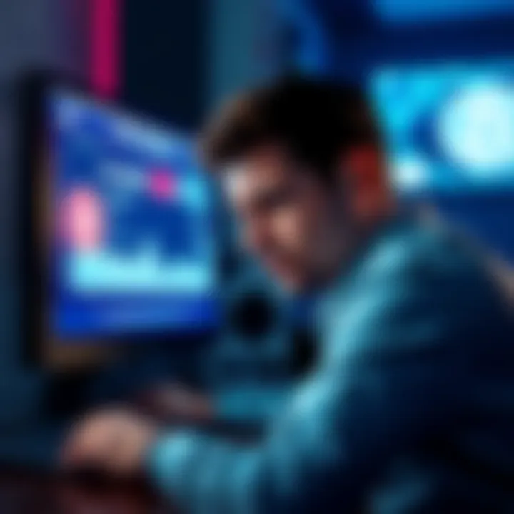 A worried man looking at a computer screen displaying a crypto wallet balance showing a loss, symbolizing the theft of his investment