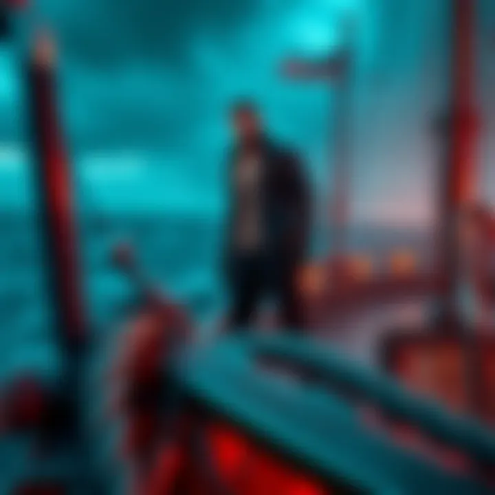 A determined man stands confidently on a sinking ship, showing commitment despite adversity.