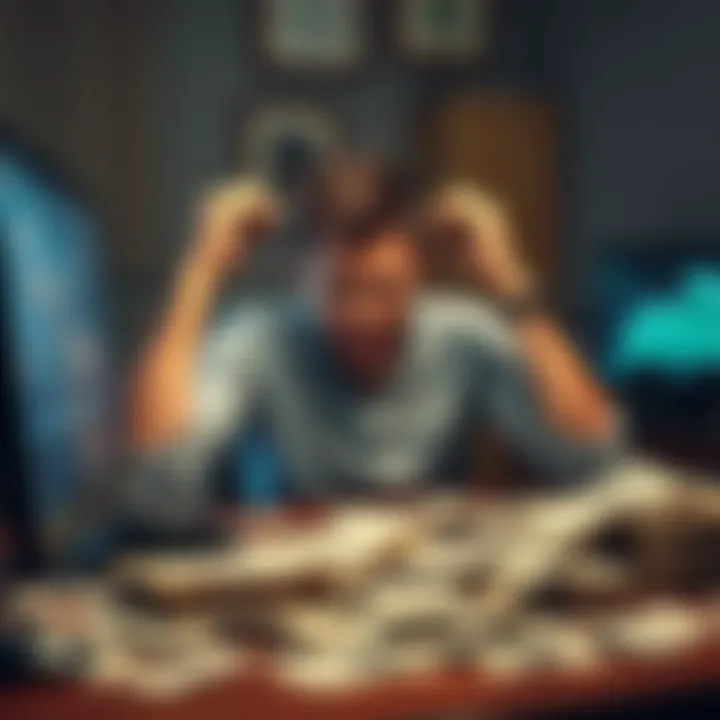 Man stressed over financial loss A worried husband sits at a table covered in bills and a computer screen showing a declining cryptocurrency graph