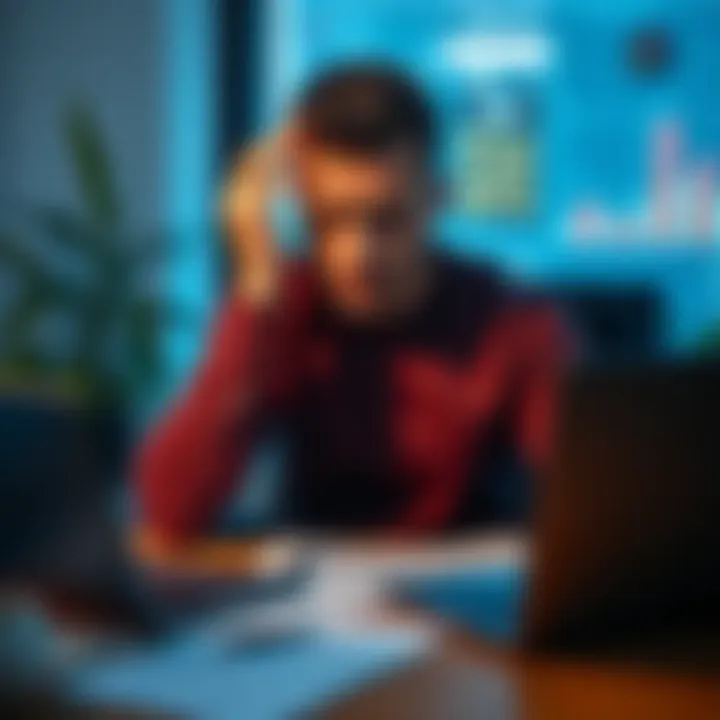 A worried man sitting at a desk, surrounded by financial reports and a laptop, reflecting on significant investment losses in utility coins.