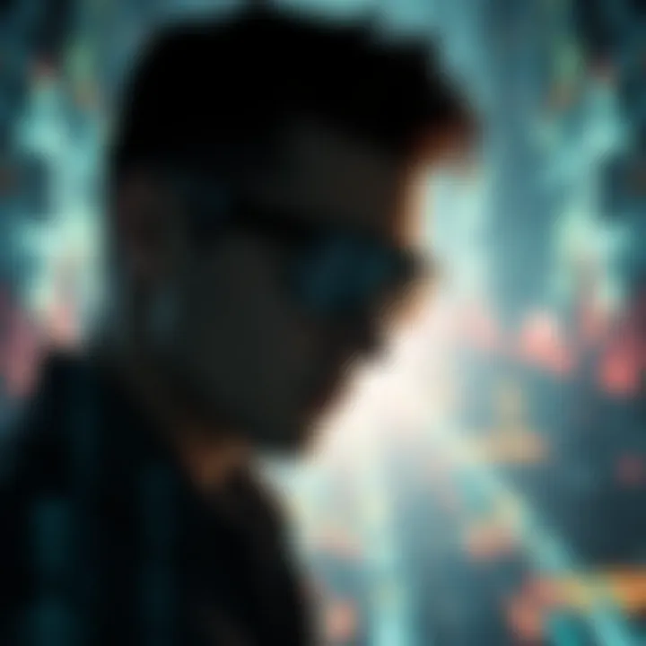 A person wearing sunglasses looking at a bright digital landscape, symbolizing awakening and reality in a high-tech world.