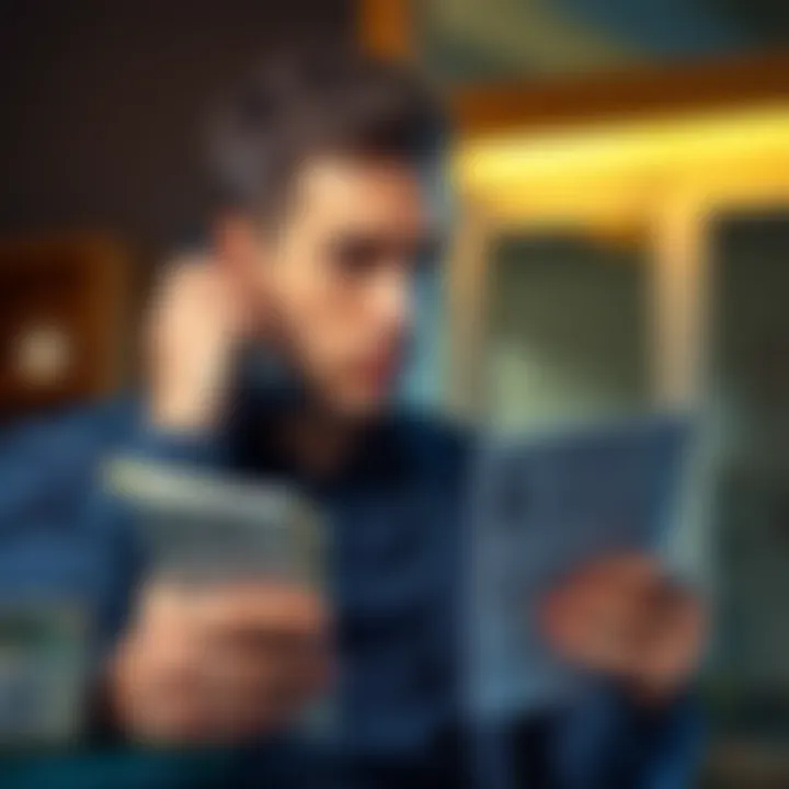 A concerned man talking on the phone, looking worried while holding his personal documents, showing awareness of a scam.
