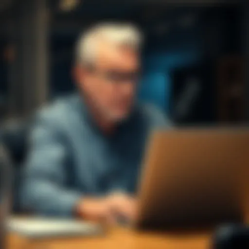 A middle-aged white man with glasses, sitting at a desk with a laptop, looking surprised while reviewing information about an Amazon account.