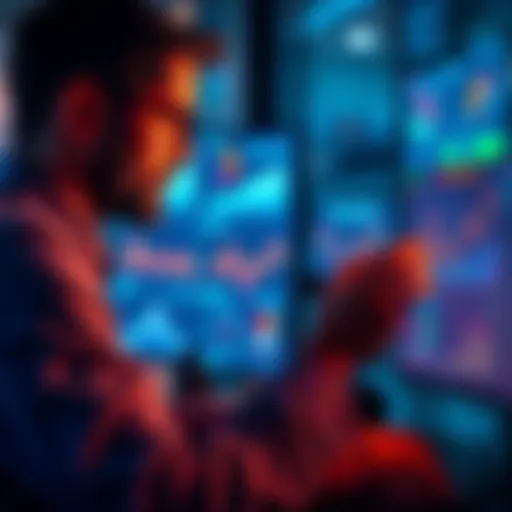 A manager looking at a computer screen, analyzing data regarding focals visibility, with charts and graphs displayed