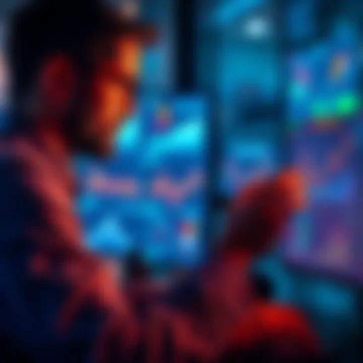 A manager looking at a computer screen, analyzing data regarding focals visibility, with charts and graphs displayed
