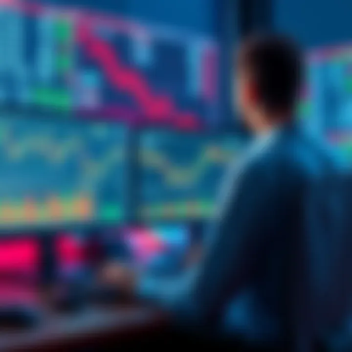 A person analyzing charts for Uniswap V3 liquidity positions on a computer, surrounded by graphs and trading data.