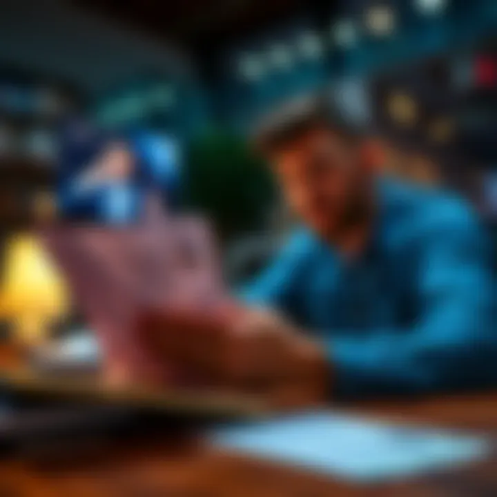 A person reviewing their credit card statement at a table, looking focused on budgeting and financial planning