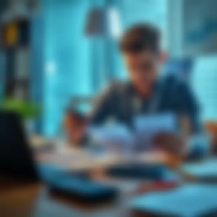 A person reviewing their bills and financial documents at a table, looking stressed while holding a calculator.