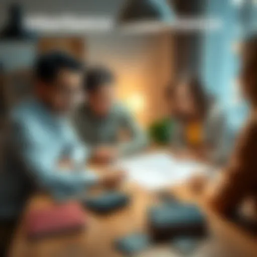 A family discussing financial planning around a table with documents and a calculator, representing inheritance management.
