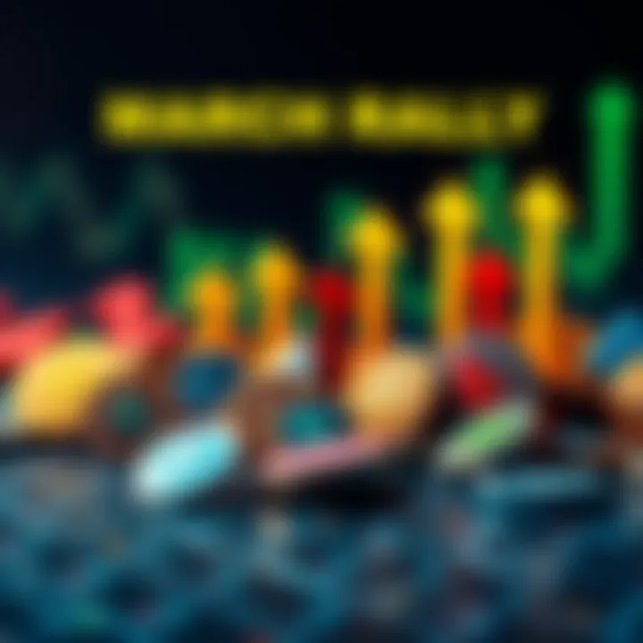 A graphic showing various cryptocurrency tokens with upward arrows indicating growth during the March rally.