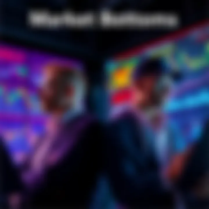 Market Bottoms Comparison A visual representation comparing novice traders and experienced veterans analyzing market downturns, with charts and graphs included.