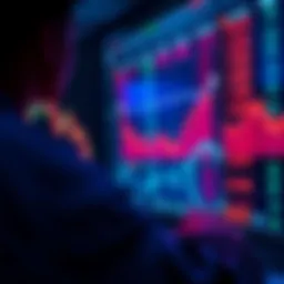 A person analyzing stock market charts with upward and downward trends visible on the screen.