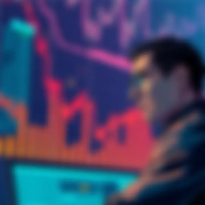 A stock market graph showing a downward trend with falling bars and a stressed trader looking at the screen.