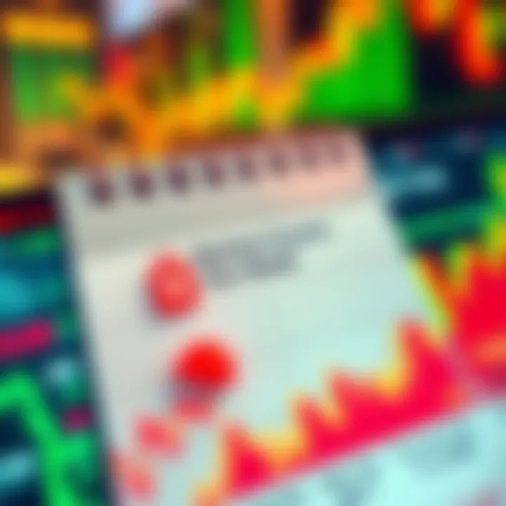 A calendar with important macroeconomic events marked, alongside stock market graphs showing trends.