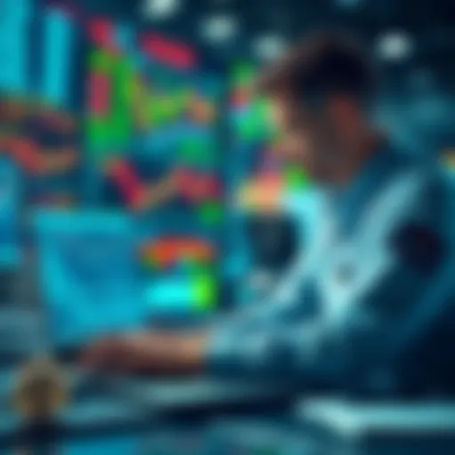 A trader examining market charts and data on a laptop, pondering negotiation tactics.